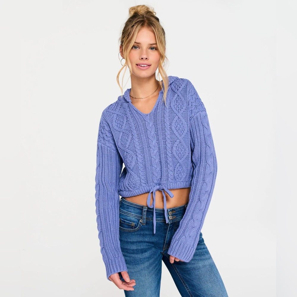 Aeropostale Women's Textured Knit Sweater Blue Cotton Blend Hooded Cropped Sz S